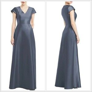 Alfred Sung Sateen Twill Cap Sleeve Dress 8 Gown Silverstone Gray V-Neck NWT B3